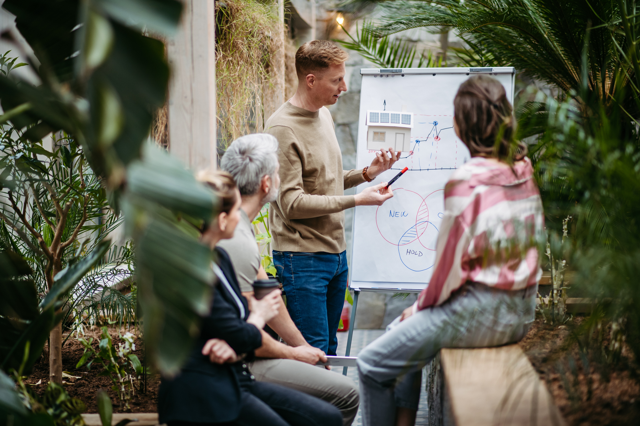 Team of four working on flipchart in workplace garden